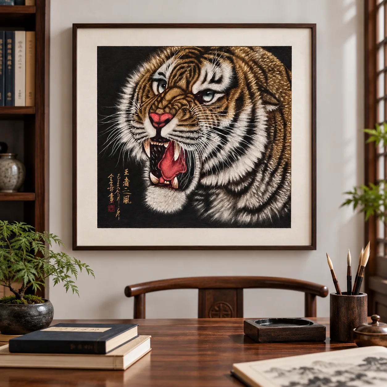 Tiger Roaring at Midnight | Gold-on-Black Chinese Painting tiger painting view 15