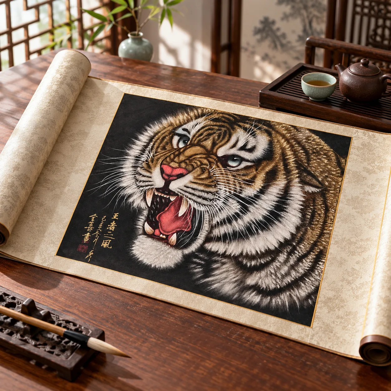 Tiger Roaring at Midnight | Gold-on-Black Chinese Painting tiger painting view 6