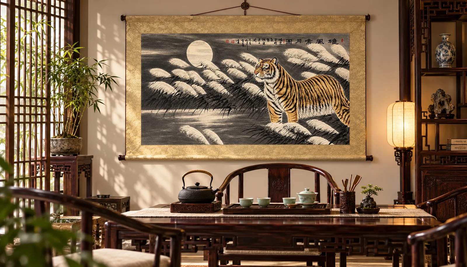 Tiger Roaring at the Moon | Snow Reeds Ink Painting tiger painting view 3