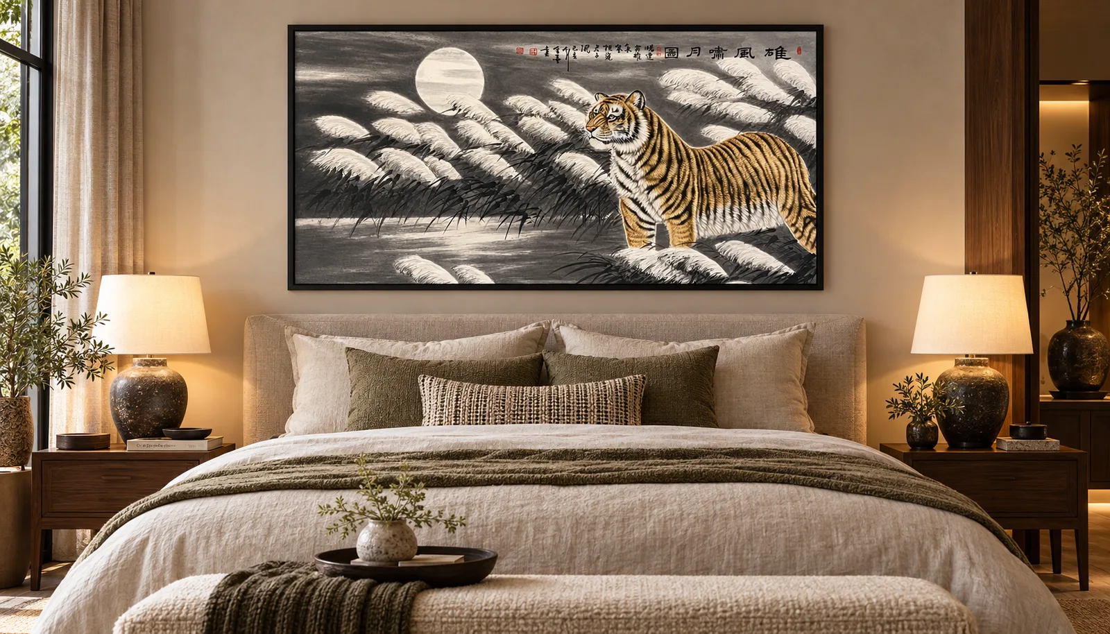 Tiger Roaring at the Moon | Snow Reeds Ink Painting tiger painting view 4