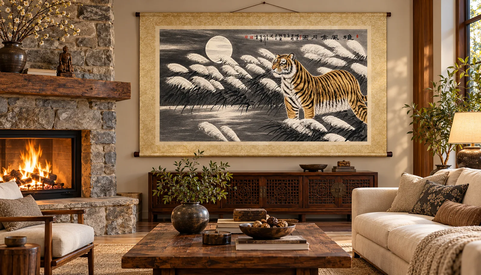 Tiger Roaring at the Moon | Snow Reeds Ink Painting tiger painting view 5