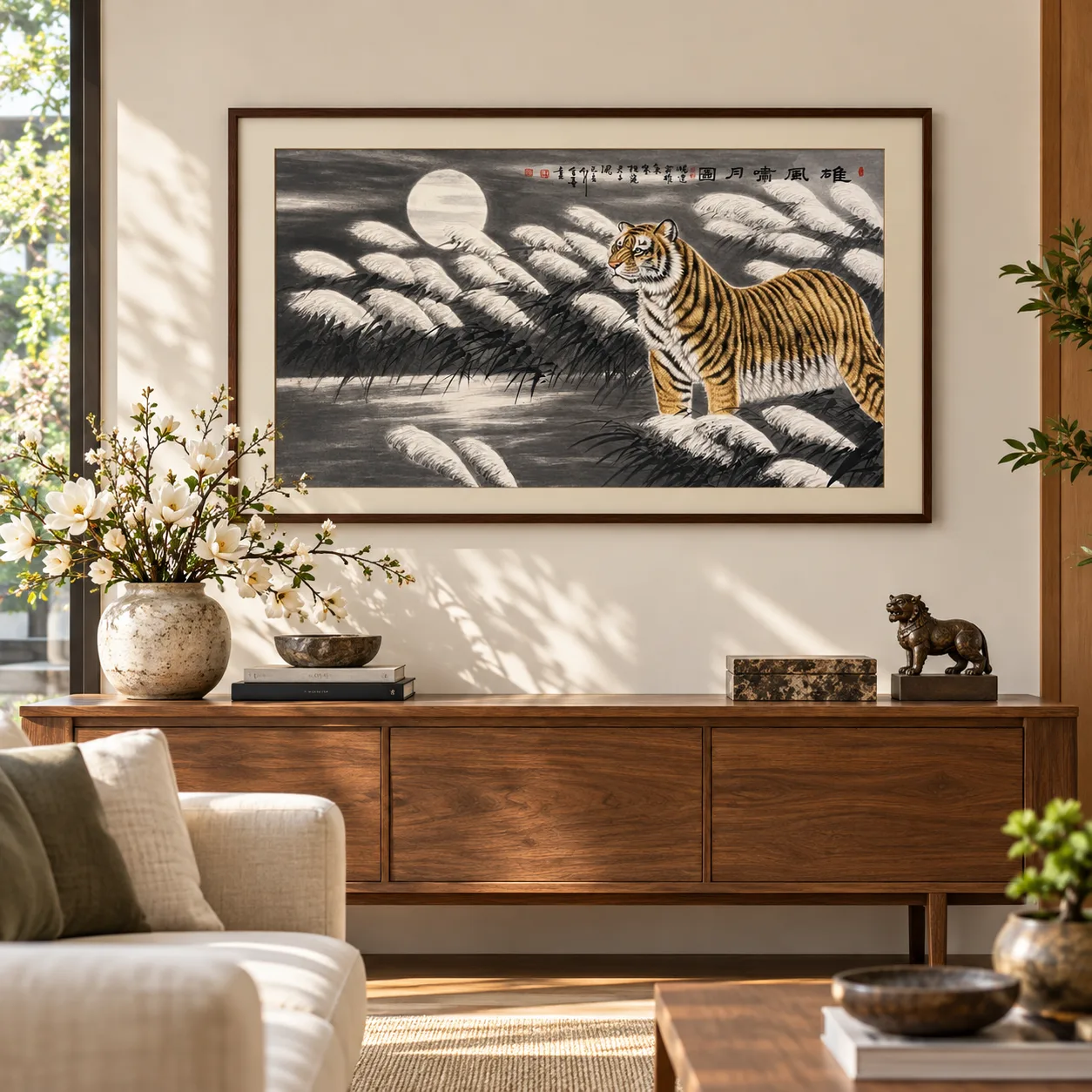 Tiger Roaring at the Moon | Snow Reeds Ink Painting tiger painting view 10