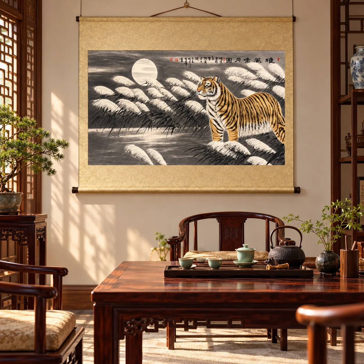 Tiger Roaring at the Moon | Snow Reeds Ink Painting tiger painting view 11