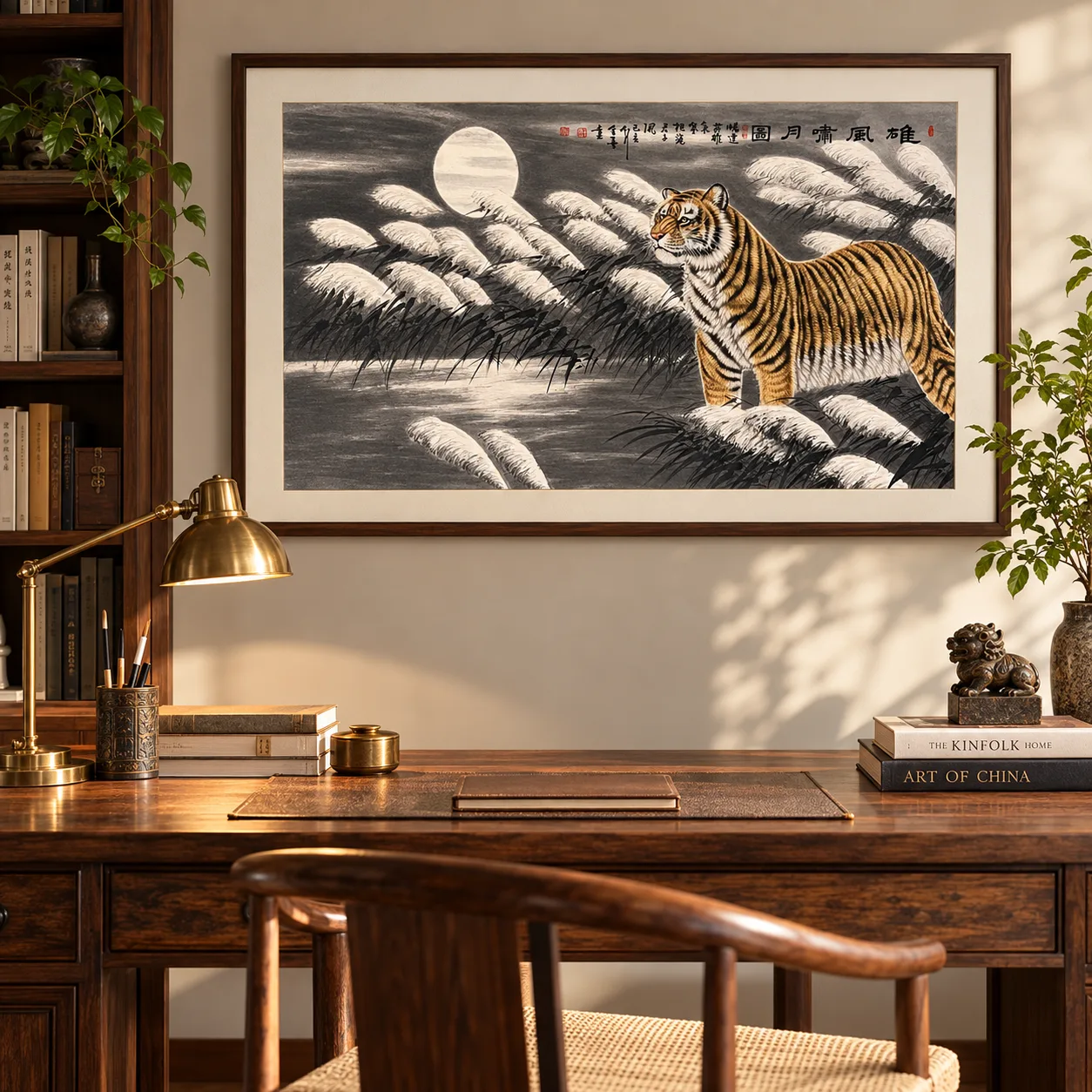 Tiger Roaring at the Moon | Snow Reeds Ink Painting tiger painting view 12