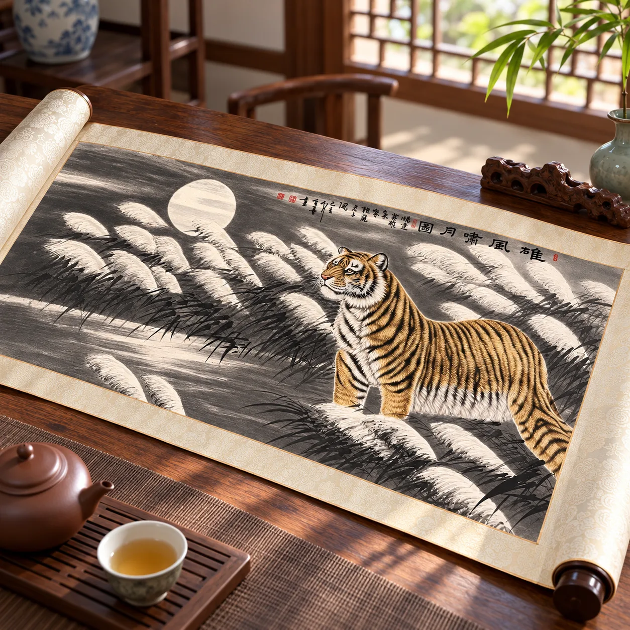 Tiger Roaring at the Moon | Snow Reeds Ink Painting tiger painting view 6