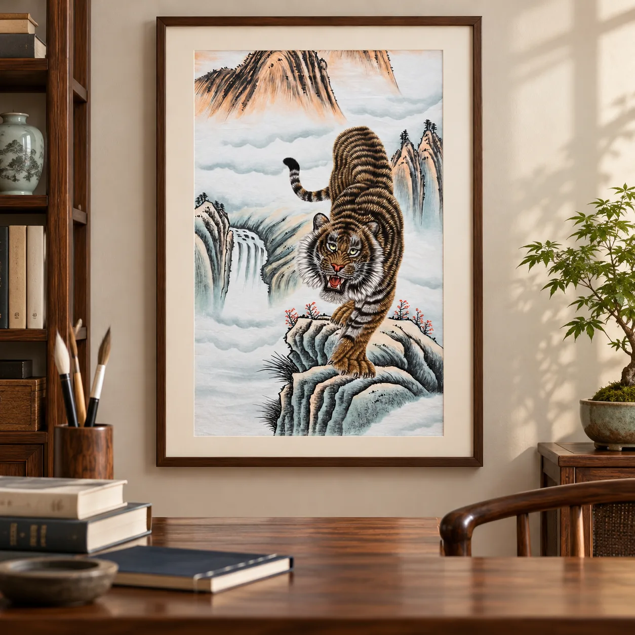 Tiger Roaring in the Stream Mountains | Chinese Gongbi Painting tiger painting view 14