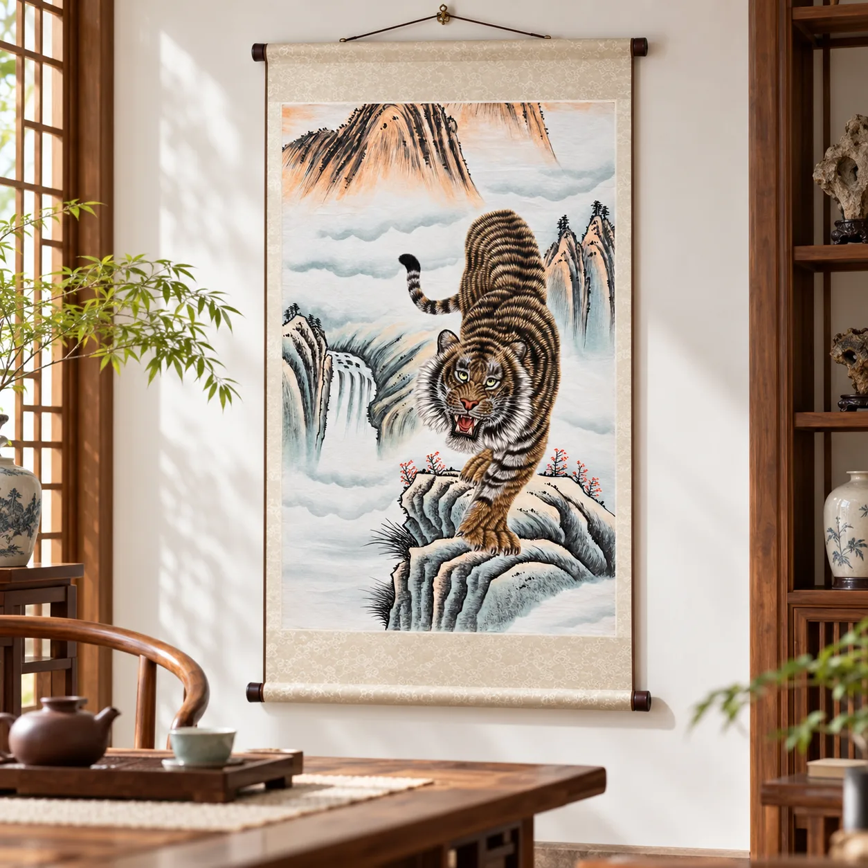 Tiger Roaring in the Stream Mountains | Chinese Gongbi Painting tiger painting view 6