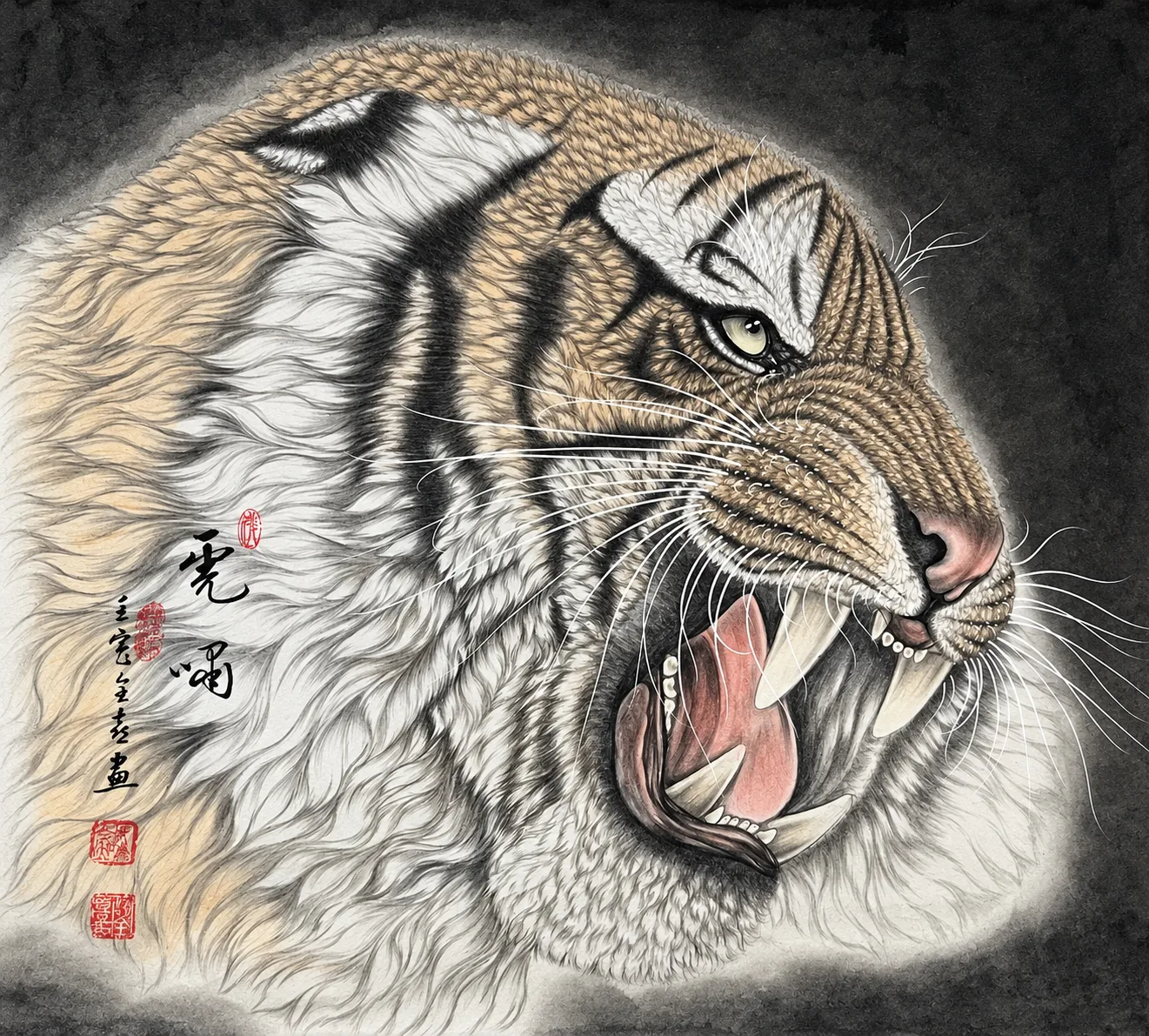 Tiger Roars in Profile | Ink-Wash Tiger Head
