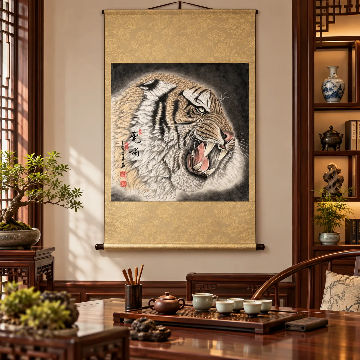 Tiger Roars in Profile | Ink-Wash Tiger Head tiger painting view 13