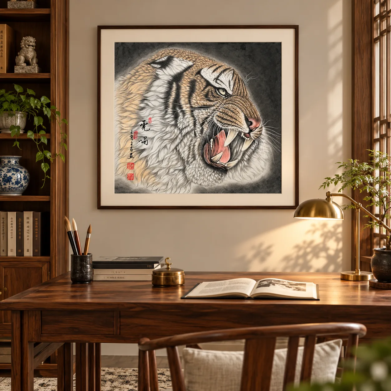 Tiger Roars in Profile | Ink-Wash Tiger Head tiger painting view 14