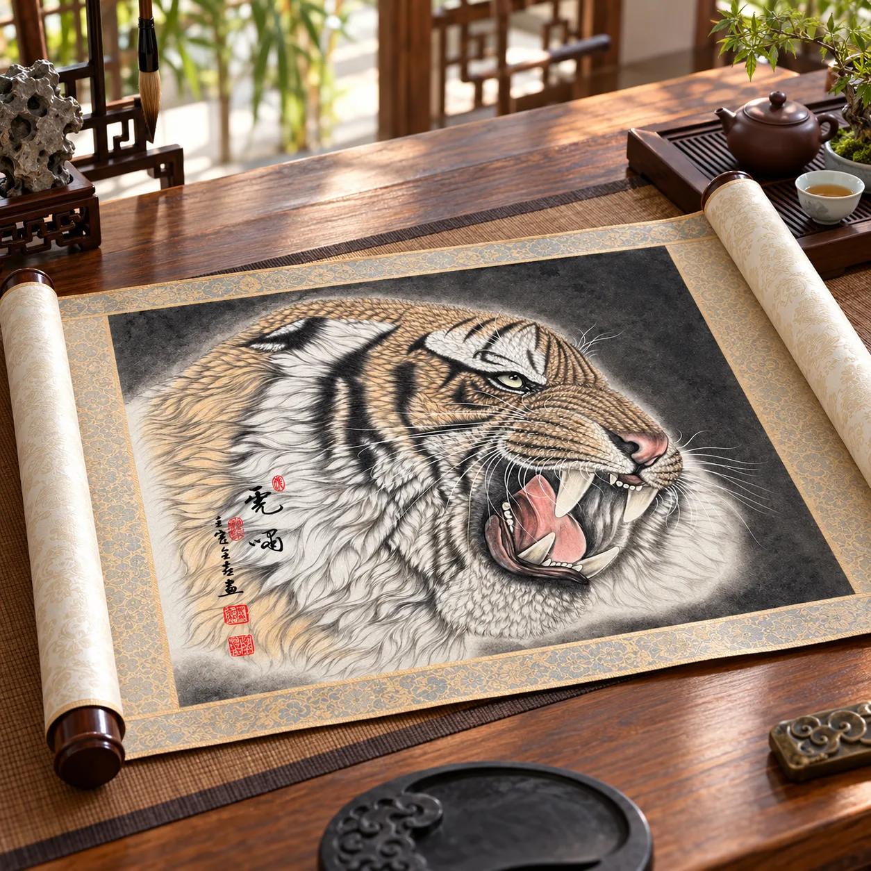 Tiger Roars in Profile | Ink-Wash Tiger Head tiger painting view 6