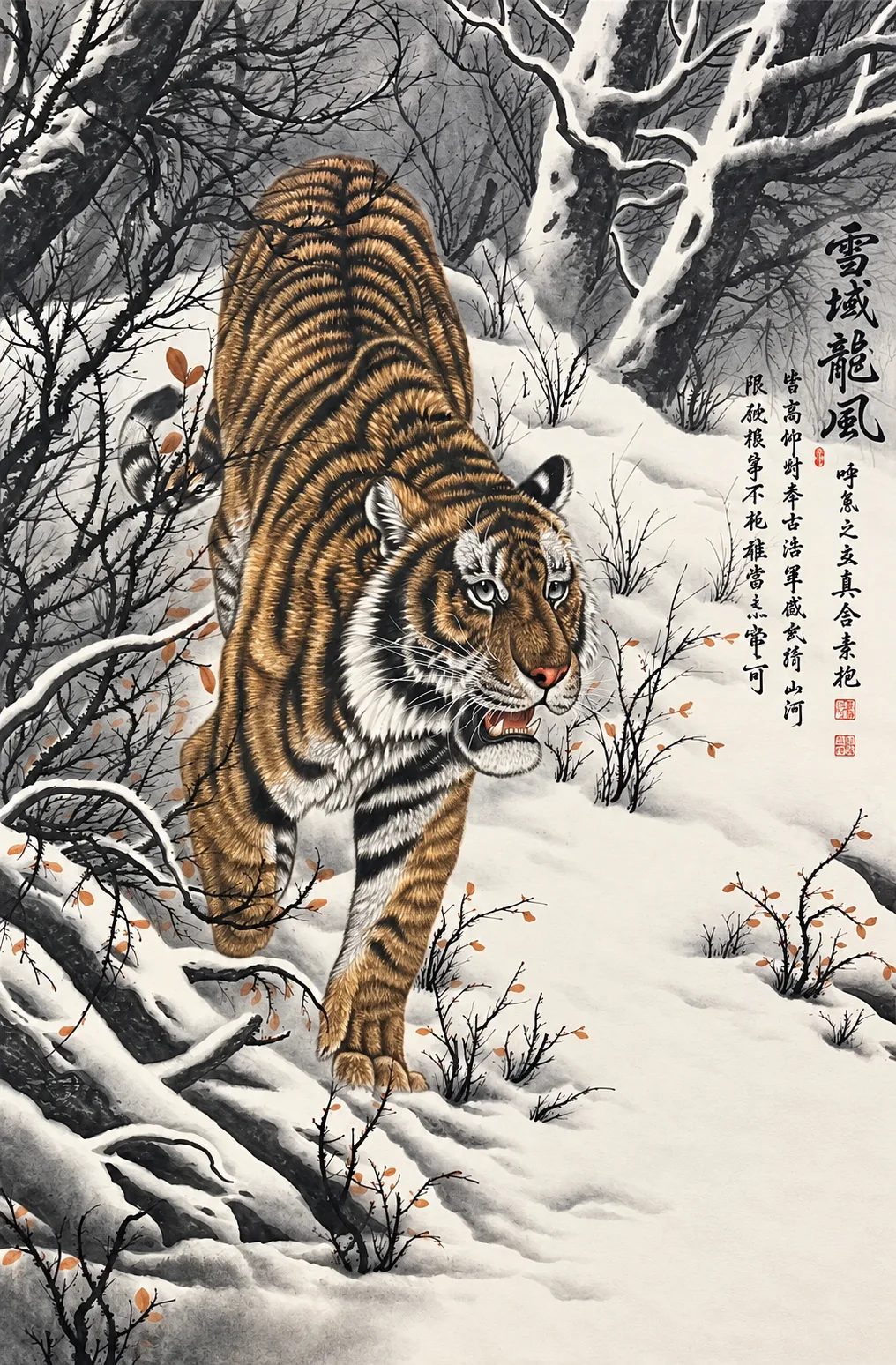Tiger Striding Down the Snow | Winter Descent Painting