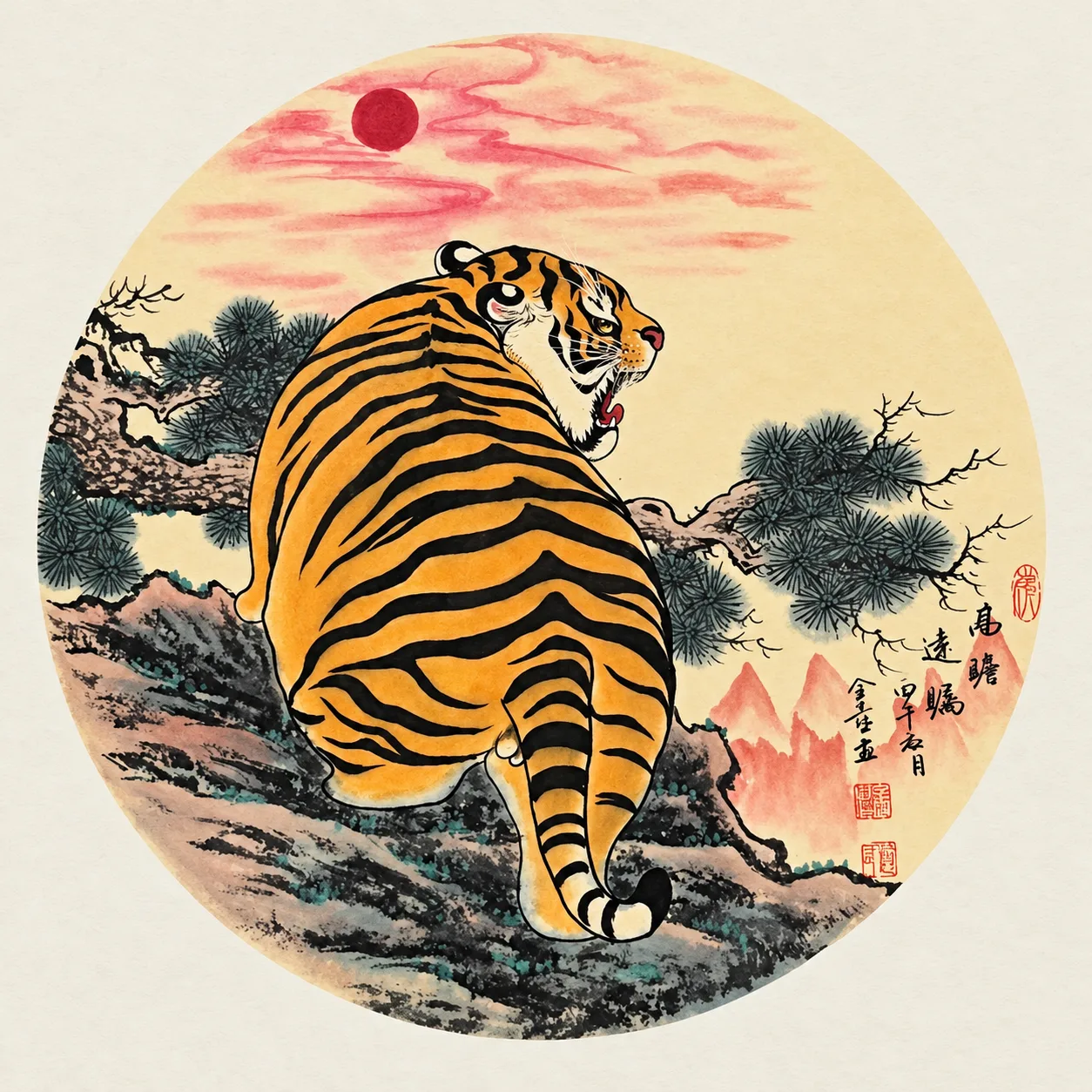 Tiger Watching the Rising Sun | Round Fan Chinese Painting