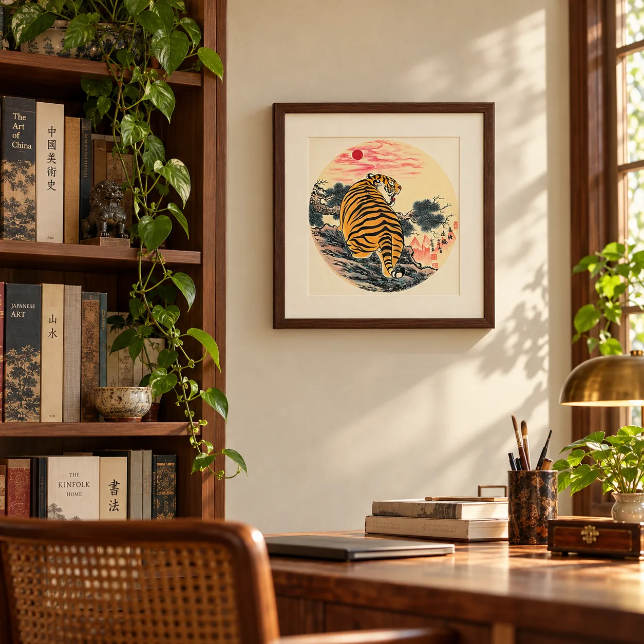Tiger Watching the Rising Sun | Round Fan Chinese Painting tiger painting view 3