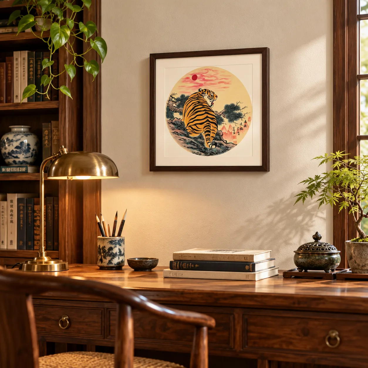Tiger Watching the Rising Sun | Round Fan Chinese Painting tiger painting view 4