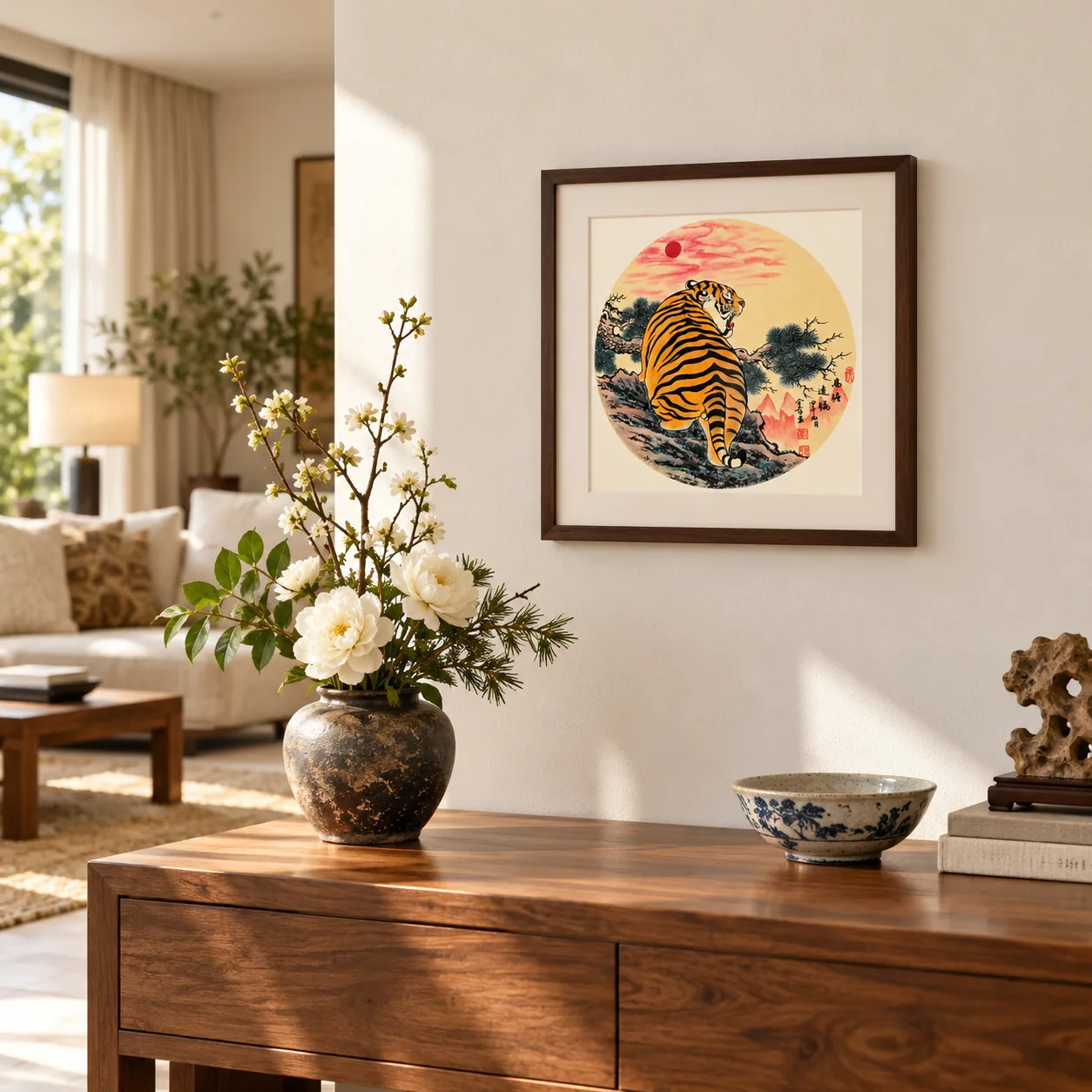 Tiger Watching the Rising Sun | Round Fan Chinese Painting tiger painting view 5