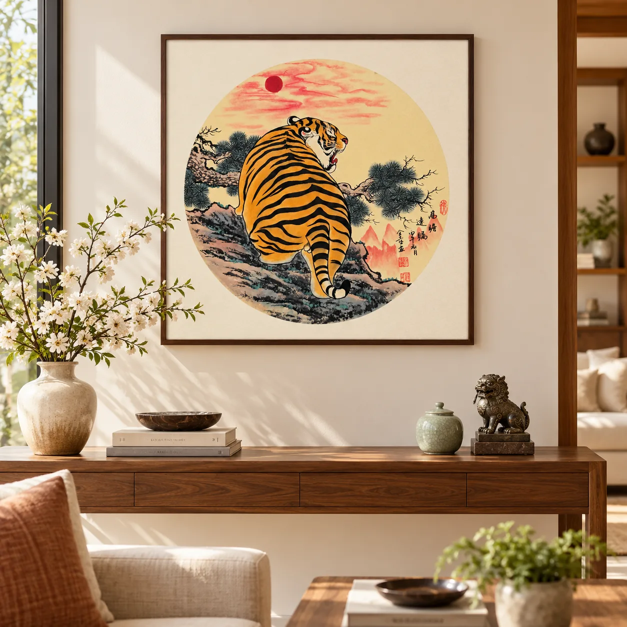 Tiger Watching the Rising Sun | Round Fan Chinese Painting tiger painting view 9