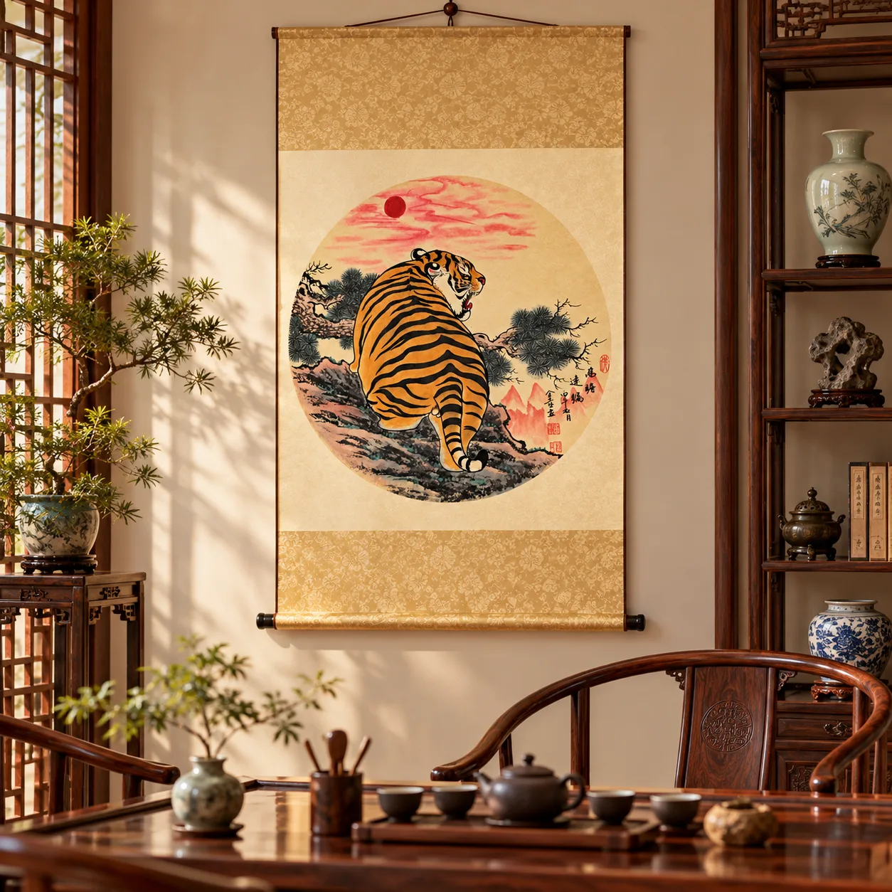 Tiger Watching the Rising Sun | Round Fan Chinese Painting tiger painting view 10