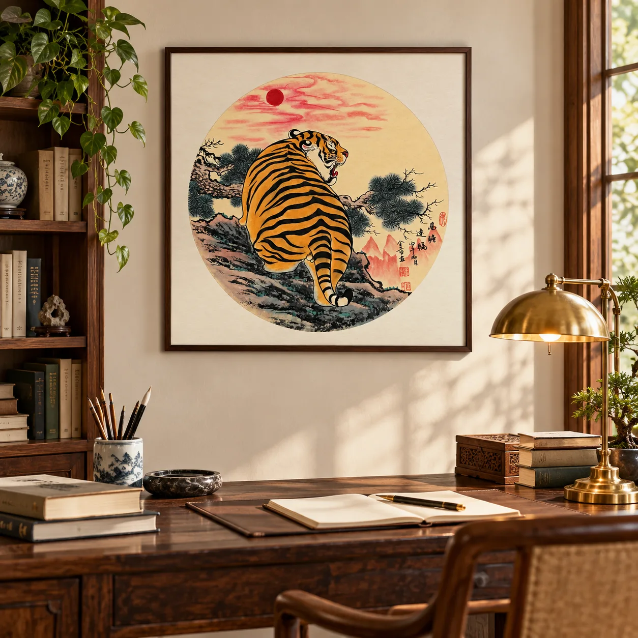Tiger Watching the Rising Sun | Round Fan Chinese Painting tiger painting view 11