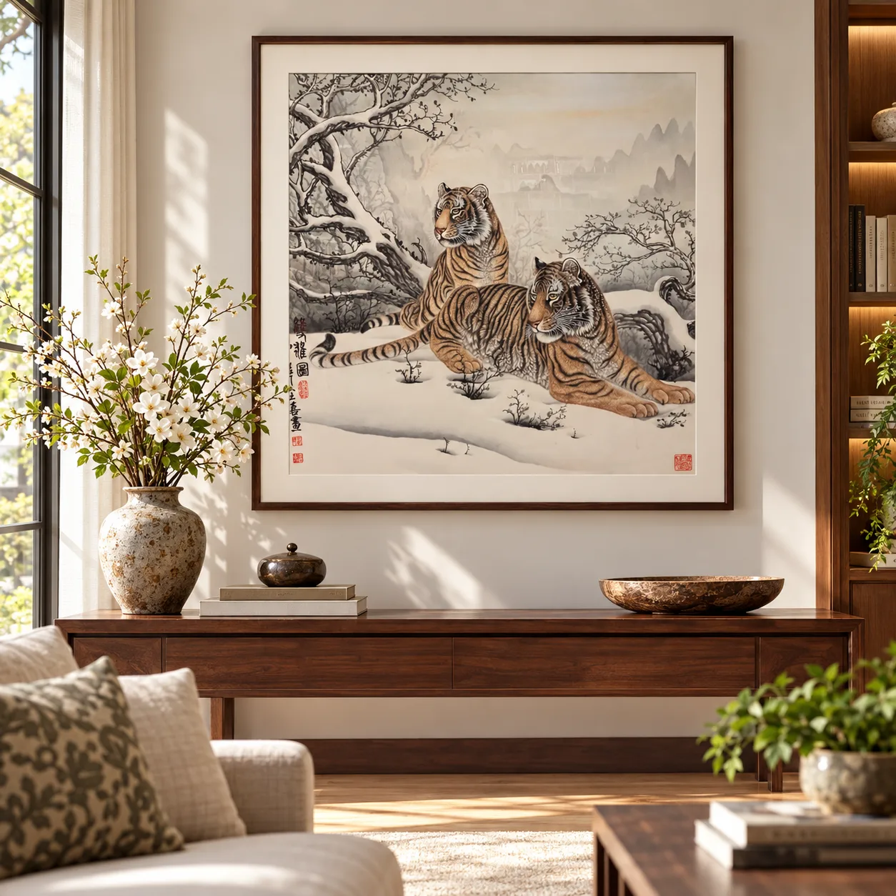 Tigers in the Snowy Woods | Winter Mountain Tiger Duo tiger painting view 7