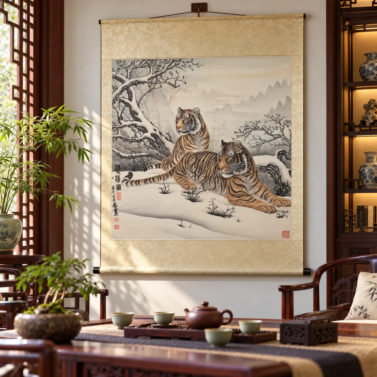 Tigers in the Snowy Woods | Winter Mountain Tiger Duo tiger painting view 8