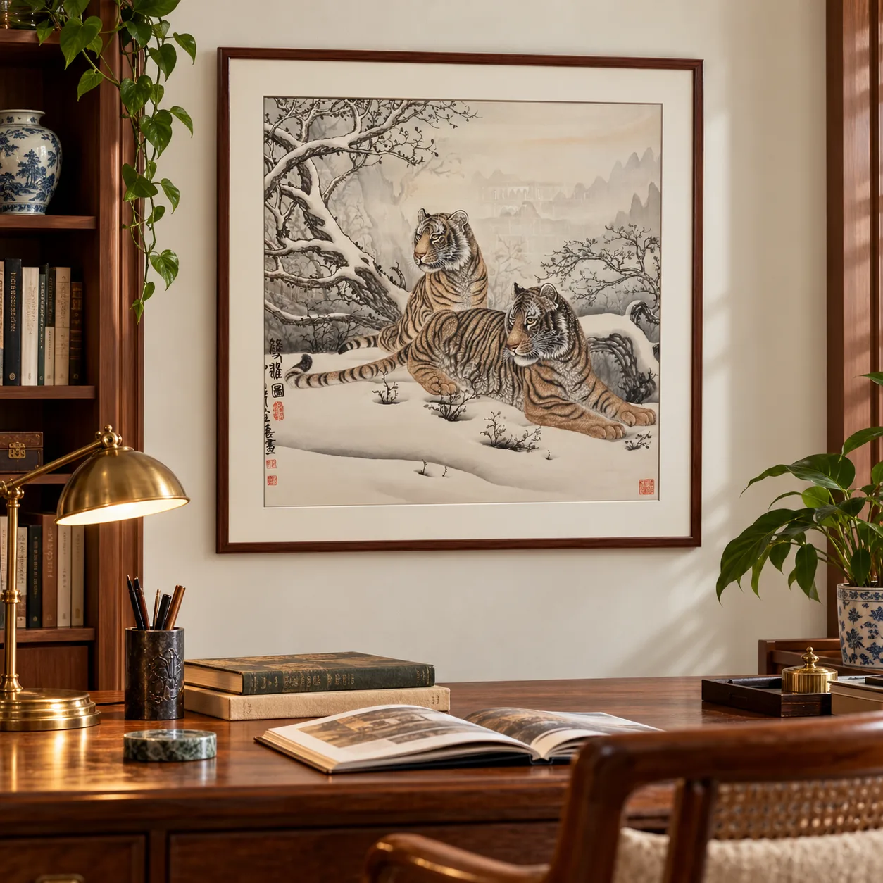Tigers in the Snowy Woods | Winter Mountain Tiger Duo tiger painting view 9