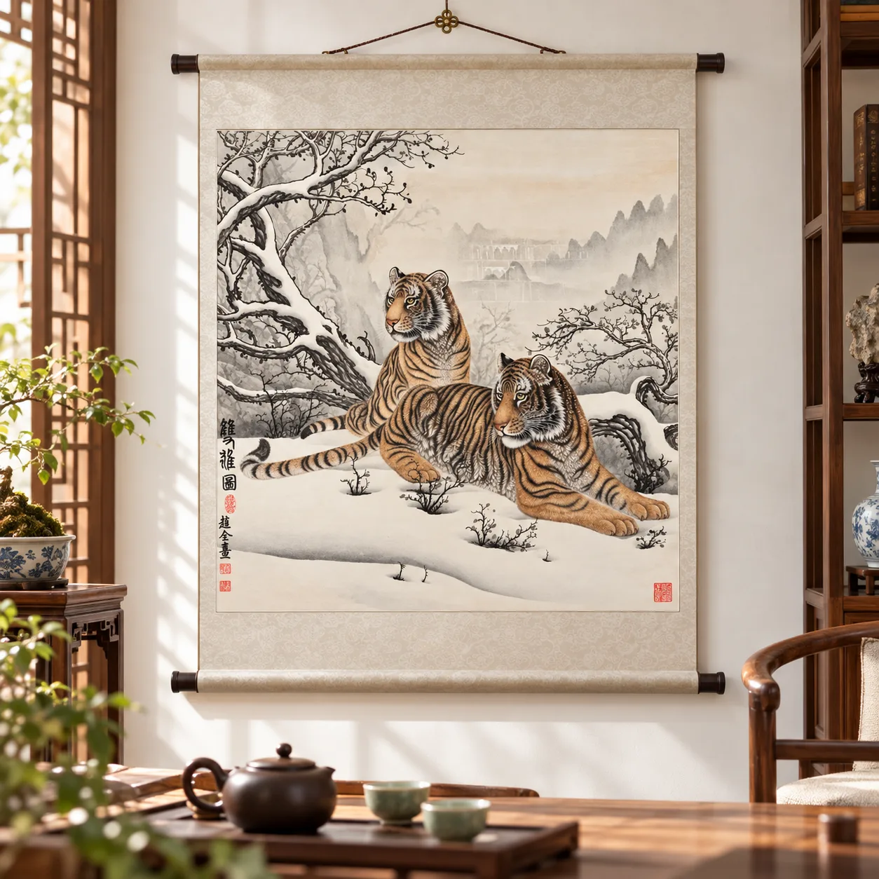 Tigers in the Snowy Woods | Winter Mountain Tiger Duo tiger painting view 3