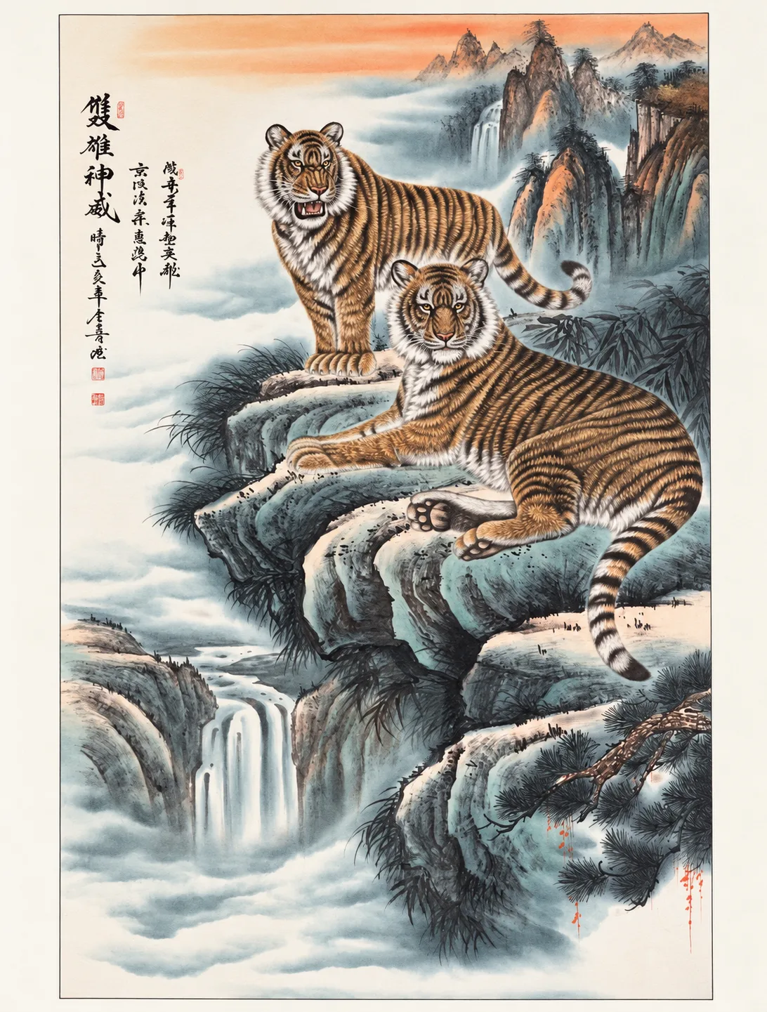 Twin Tigers above the Waterfall | Chinese Landscape Painting