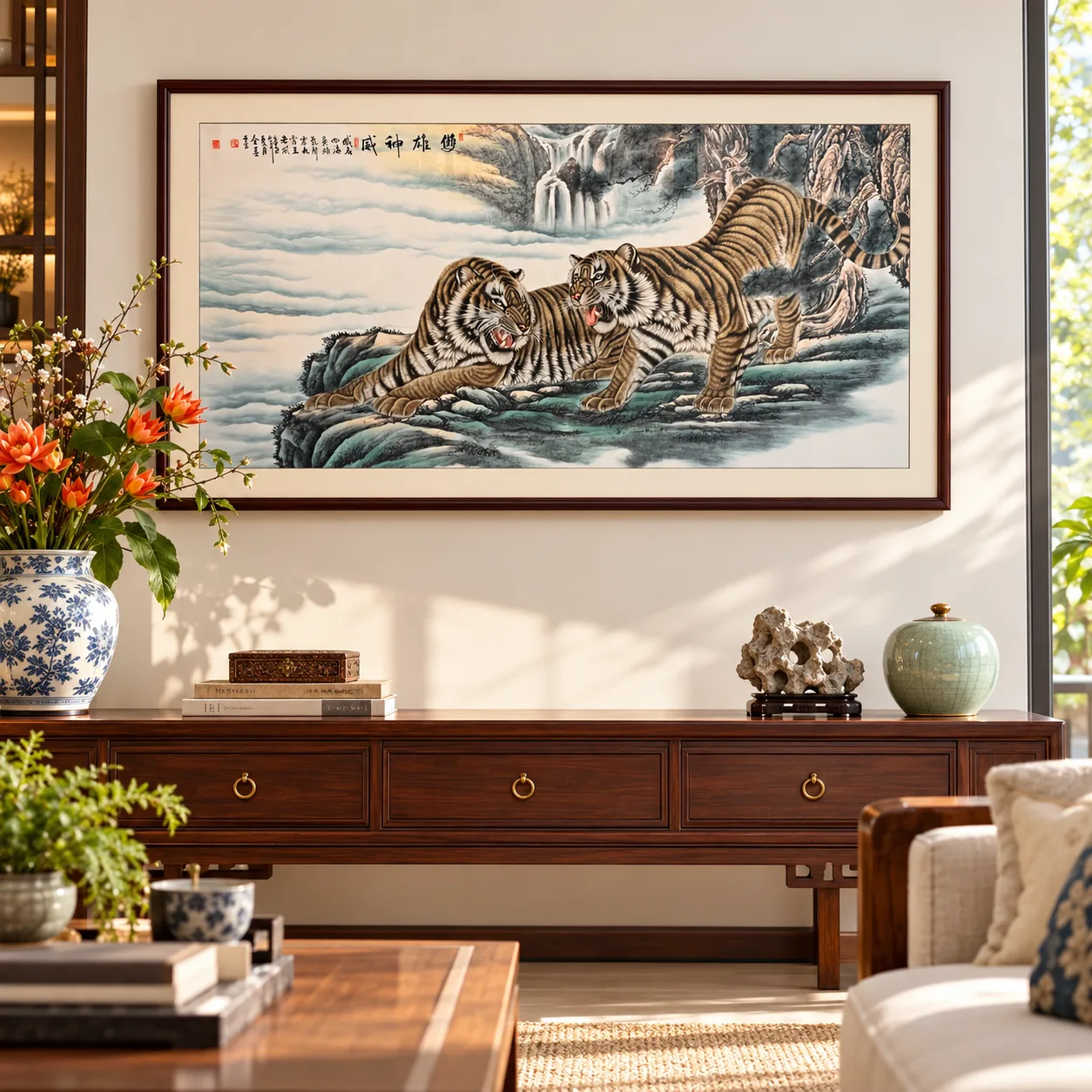 Twin Tigers above the Waterfall | Chinese Landscape Painting tiger painting view 10