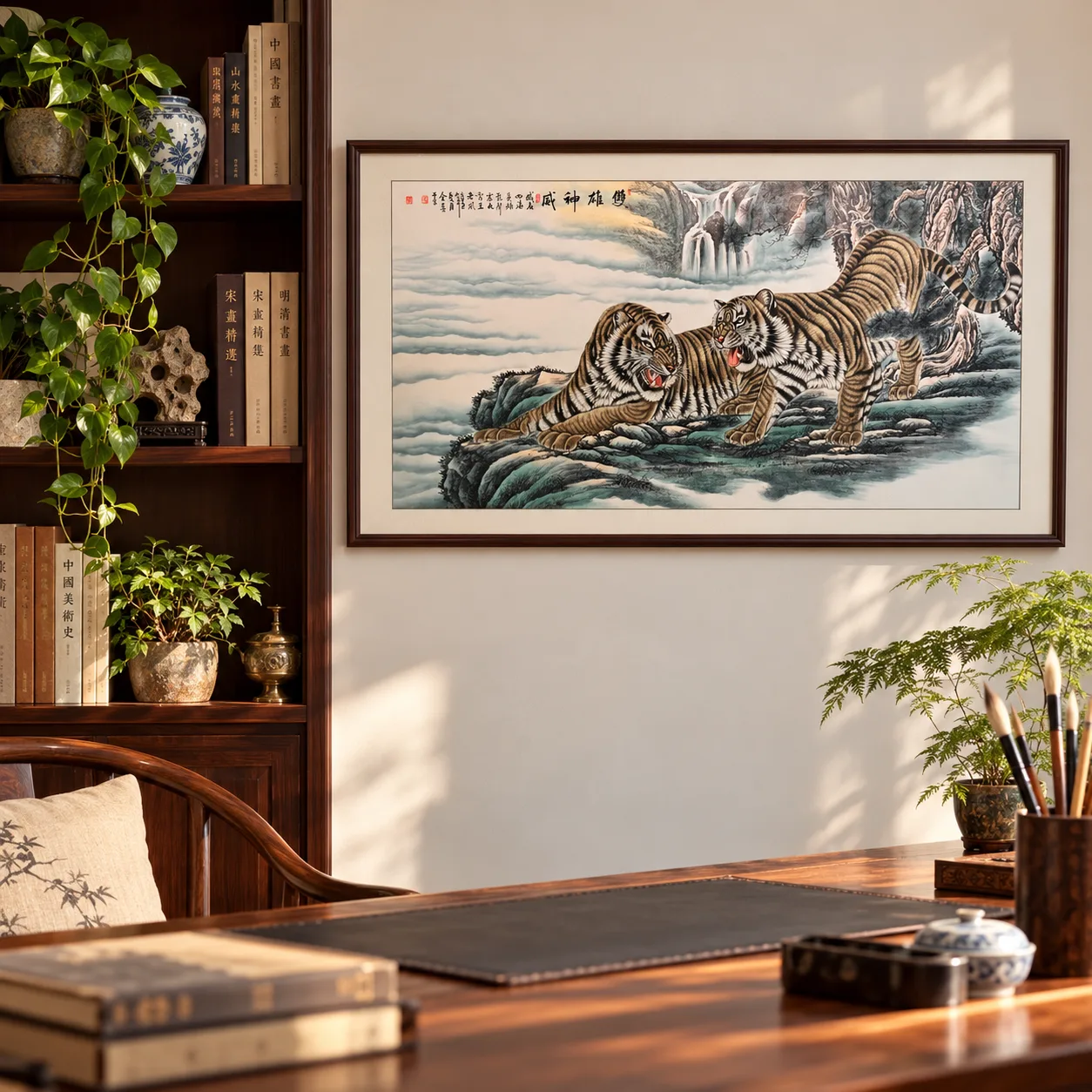 Twin Tigers above the Waterfall | Chinese Landscape Painting tiger painting view 11