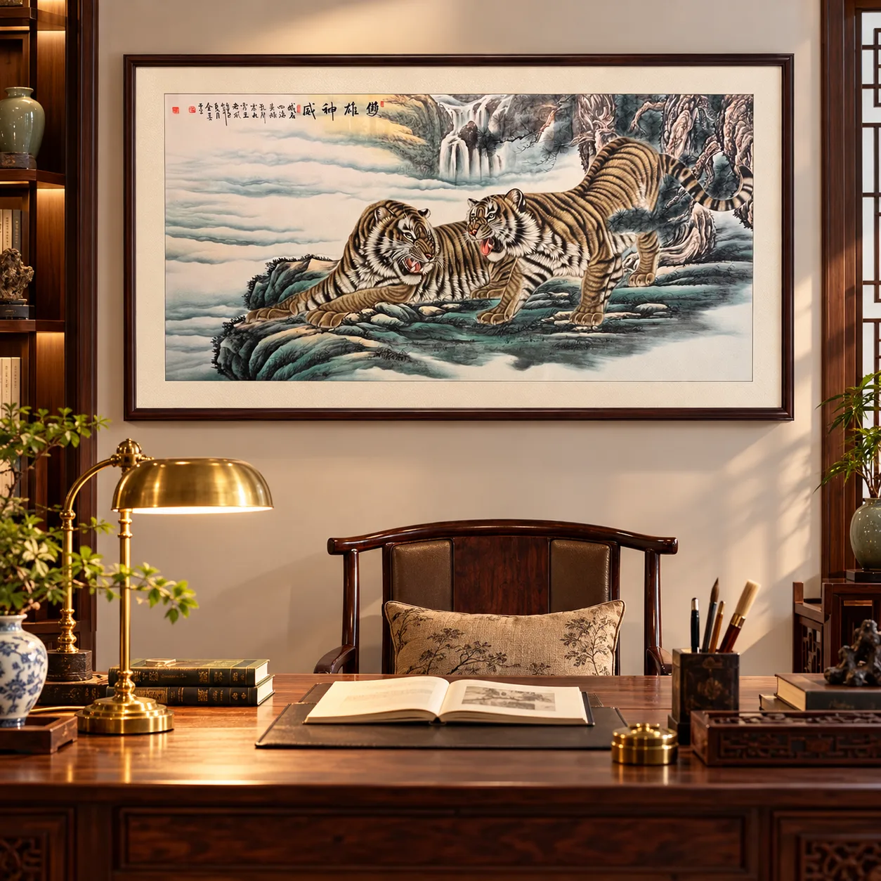 Twin Tigers above the Waterfall | Chinese Landscape Painting tiger painting view 12