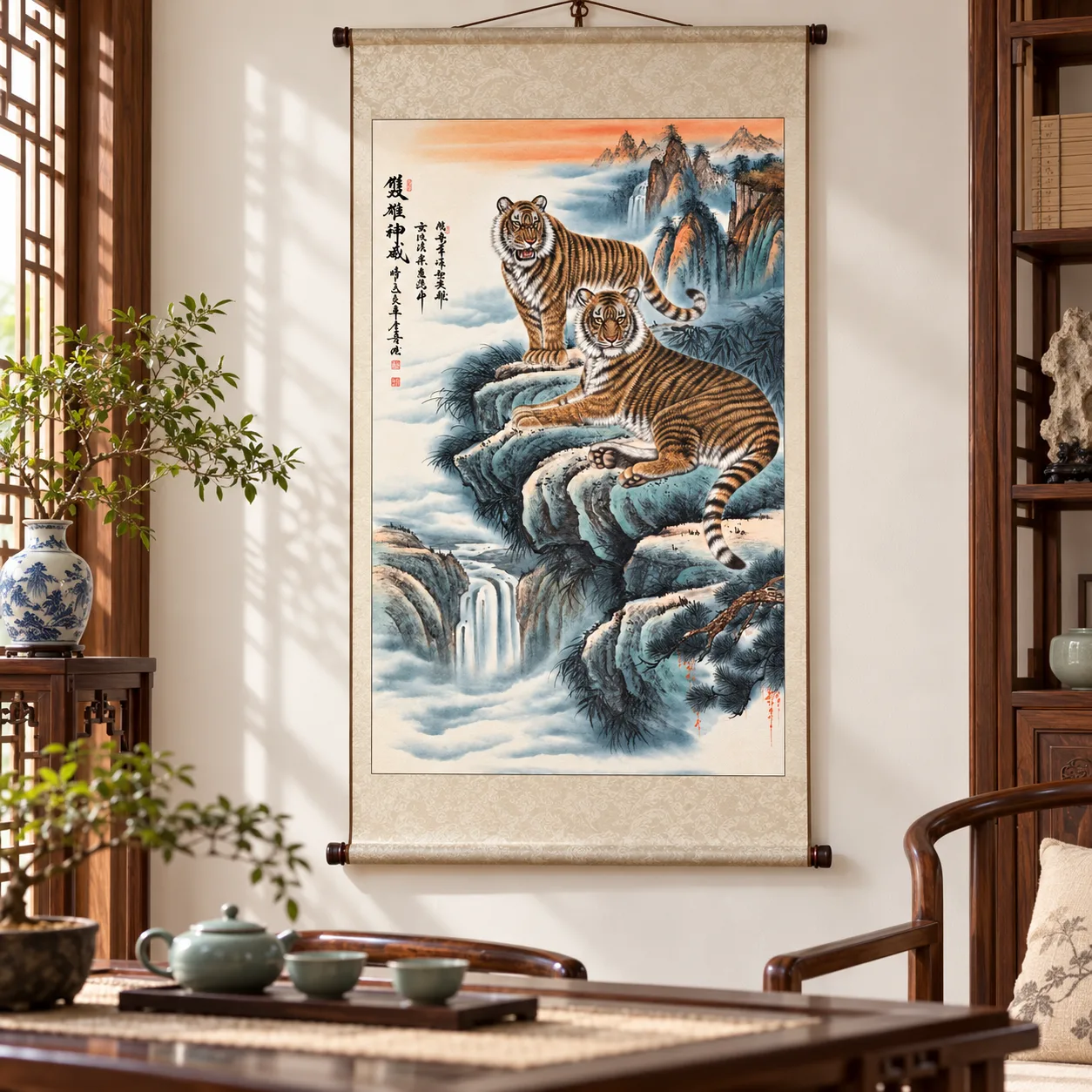 Twin Tigers above the Waterfall | Chinese Landscape Painting tiger painting view 3