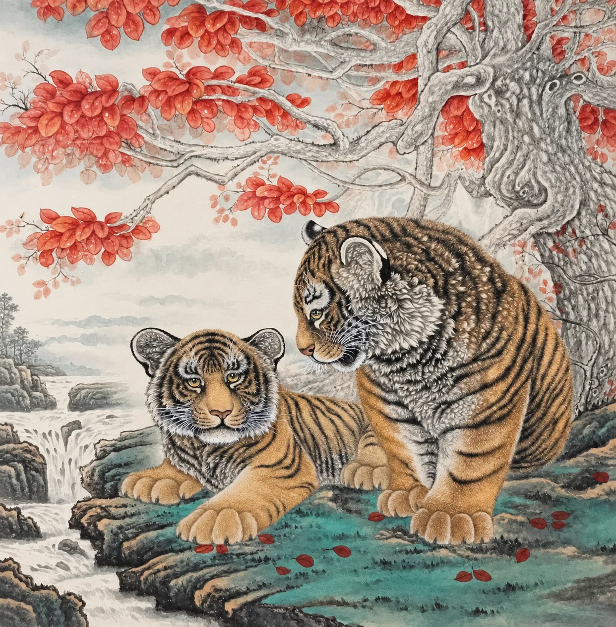 Two Tigers in the Autumn Grove | Chinese Painting