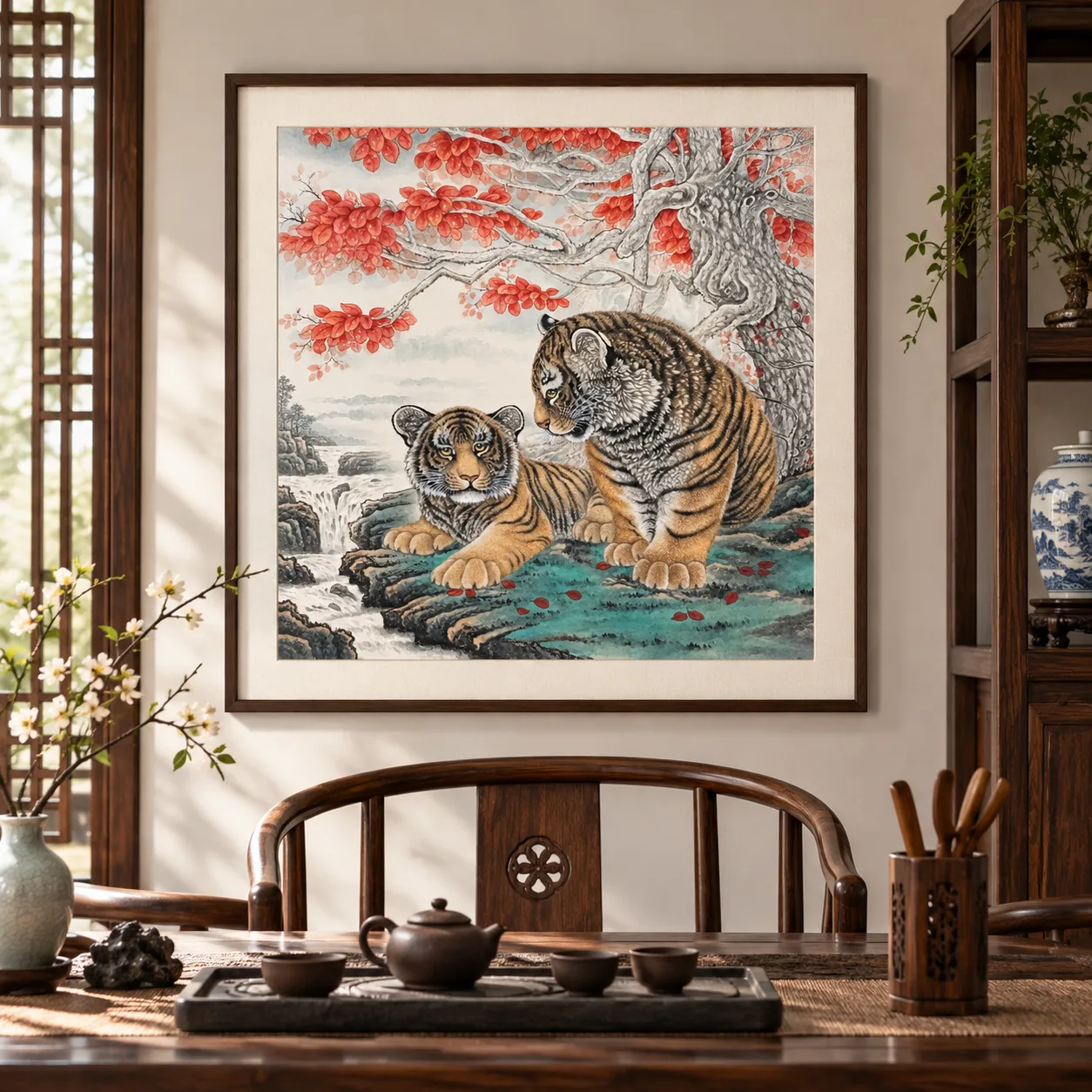 Two Tigers in the Autumn Grove | Chinese Painting tiger painting view 4