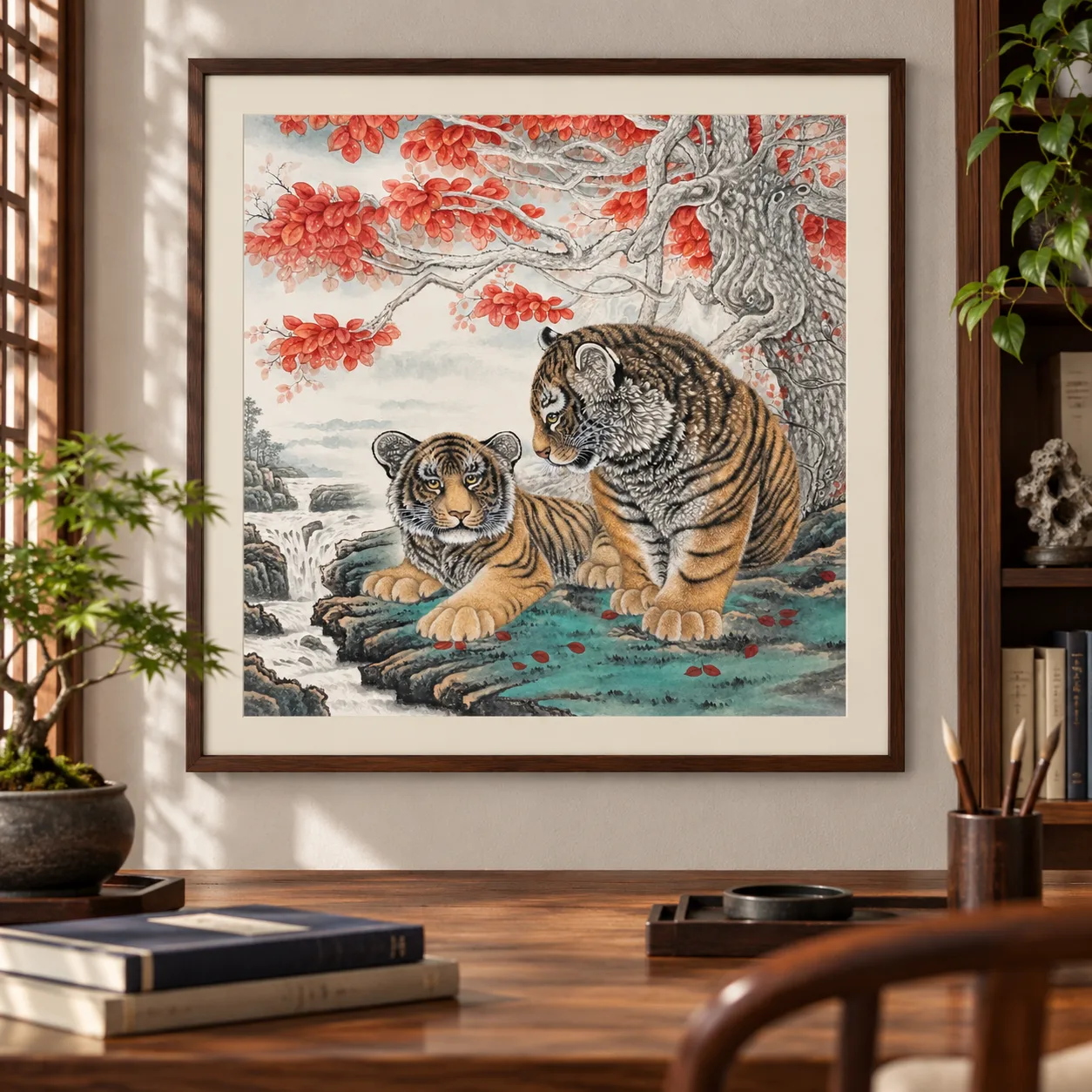 Two Tigers in the Autumn Grove | Chinese Painting tiger painting view 5