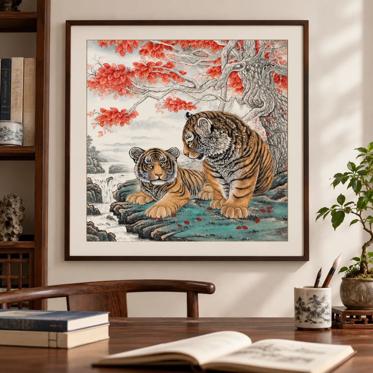 Two Tigers in the Autumn Grove | Chinese Painting tiger painting view 15