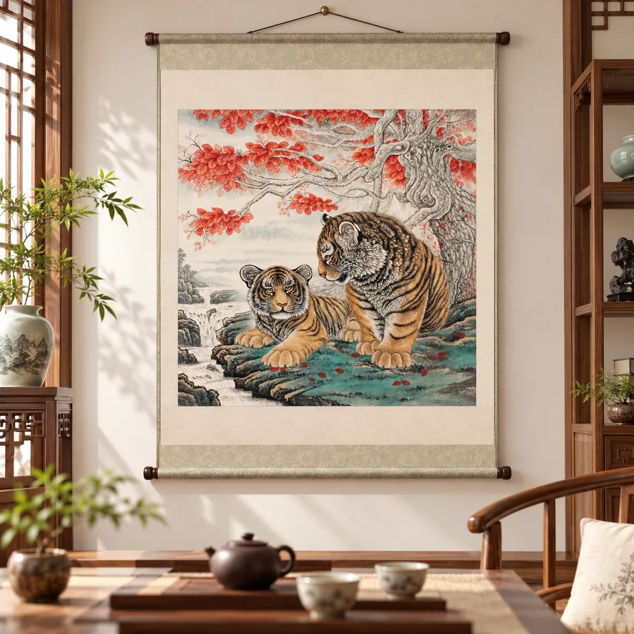 Two Tigers in the Autumn Grove | Chinese Painting tiger painting view 6