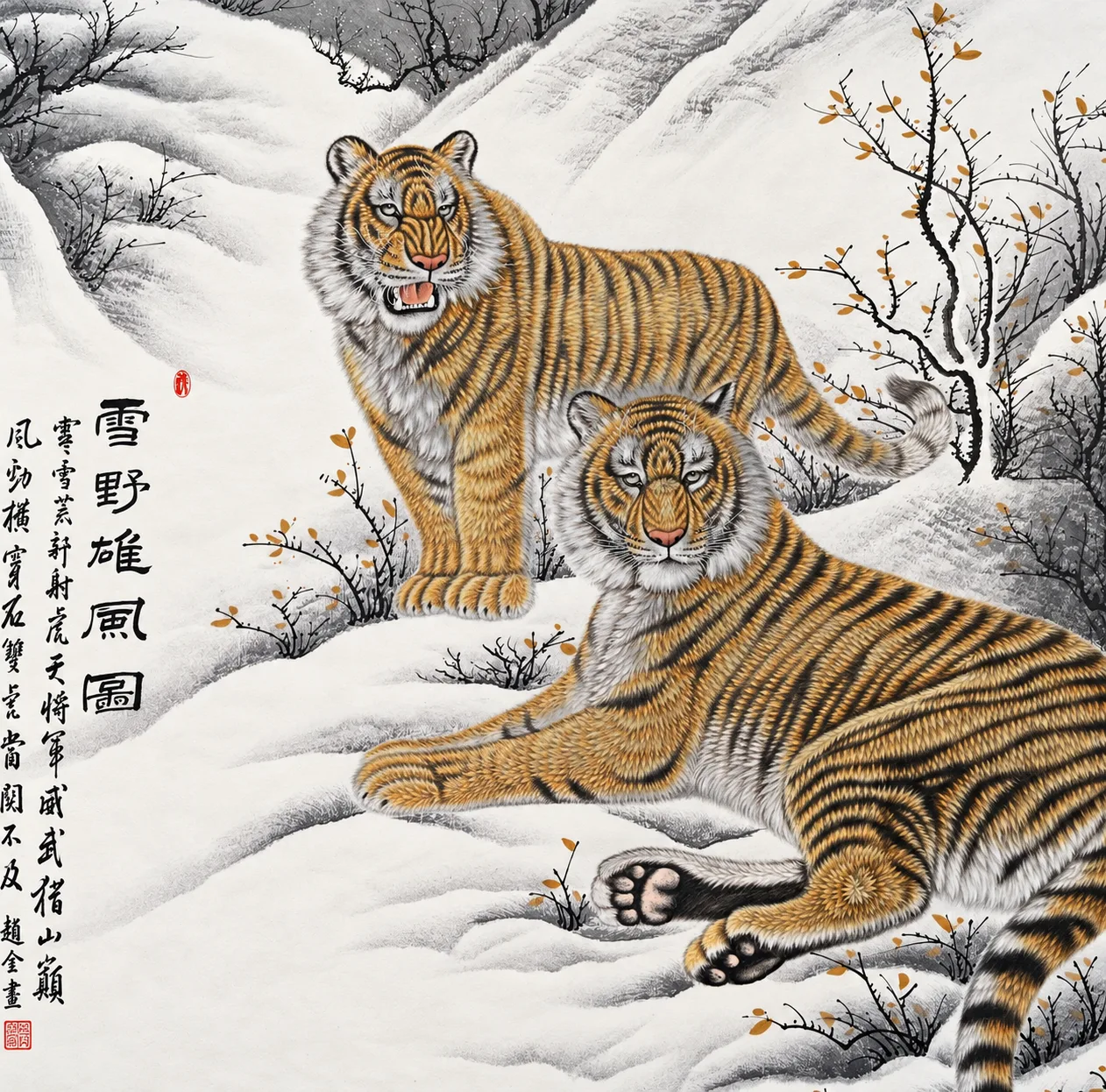 Two Tigers in the Snowfield | Winter Chinese Painting