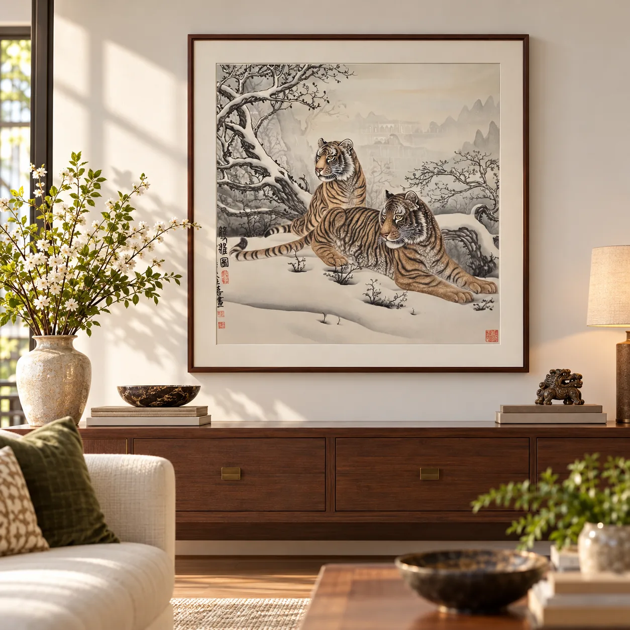 Two Tigers in Winter Snow | Chinese Gongbi Tiger Painting tiger painting view 6
