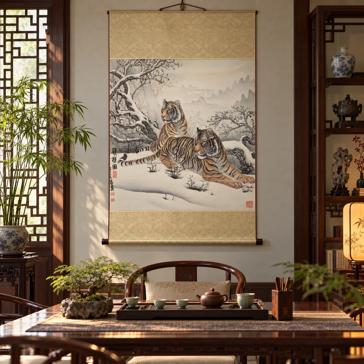 Two Tigers in Winter Snow | Chinese Gongbi Tiger Painting tiger painting view 7