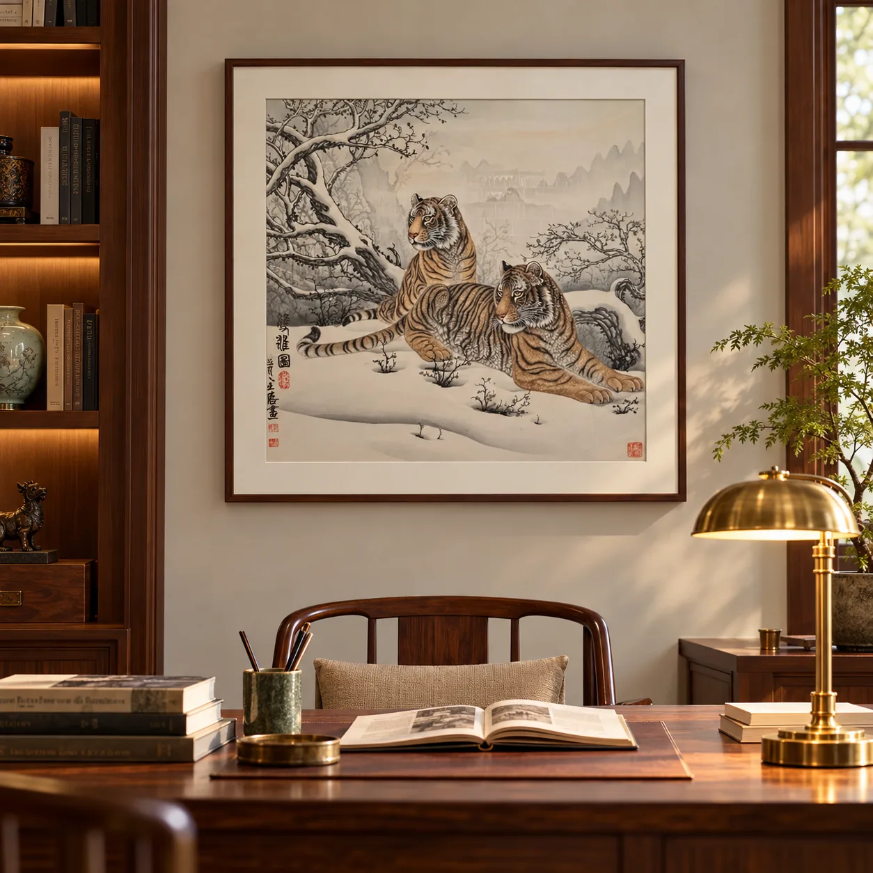 Two Tigers in Winter Snow | Chinese Gongbi Tiger Painting tiger painting view 8