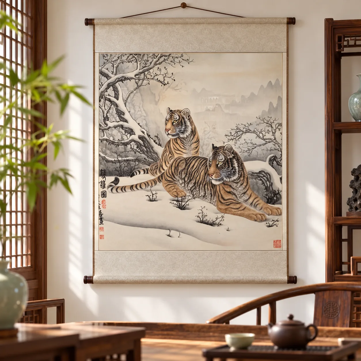 Two Tigers in Winter Snow | Chinese Gongbi Tiger Painting tiger painting view 2