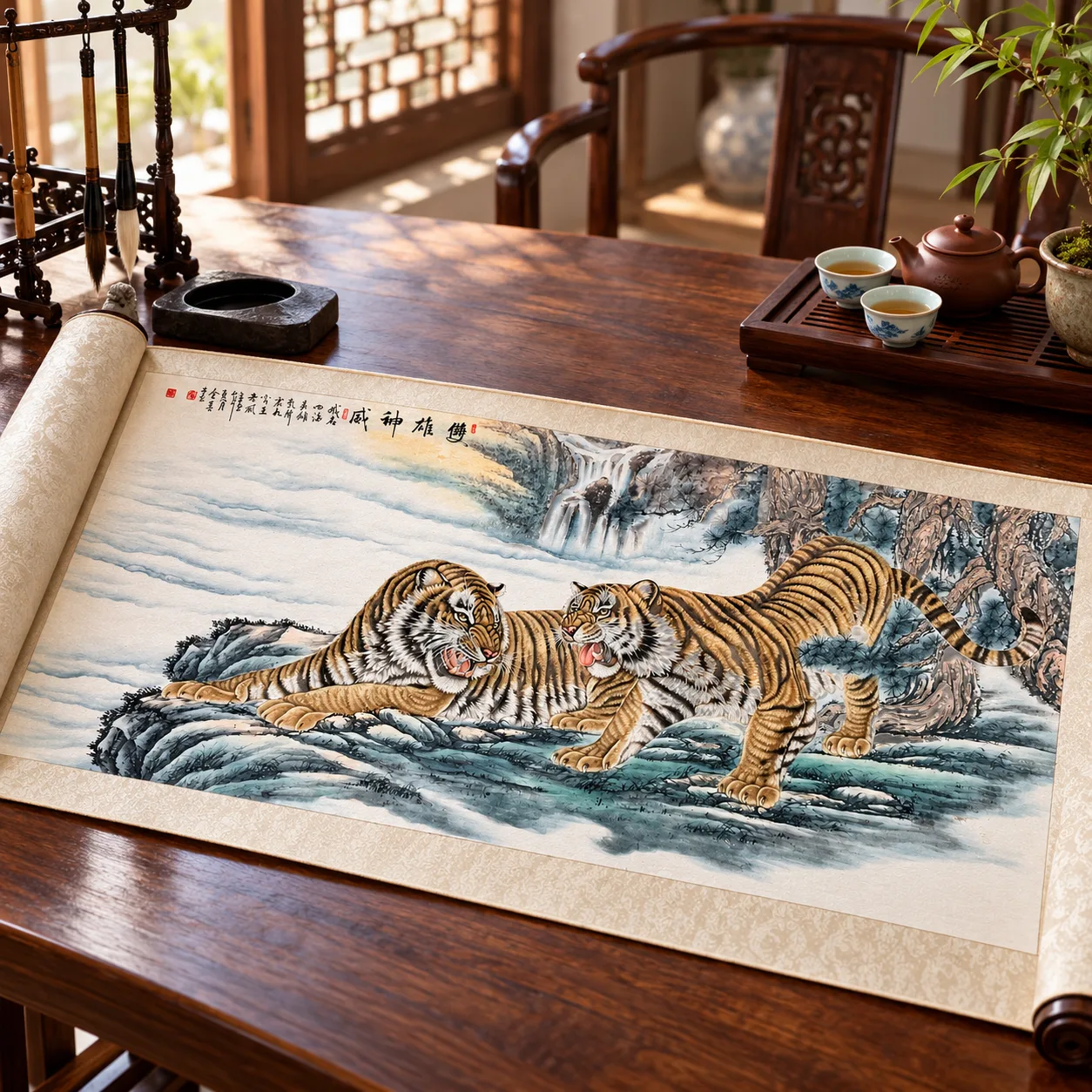 Two Tigers on the Misty Cliff | Chinese Tiger Painting tiger painting view 6