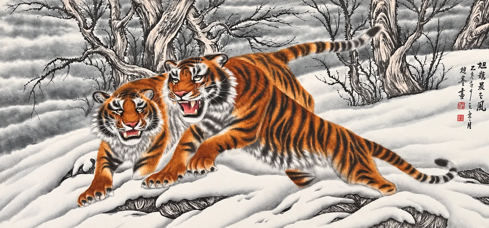 Two Tigers on the Snow Ridge | Winter Ink Tiger Duo