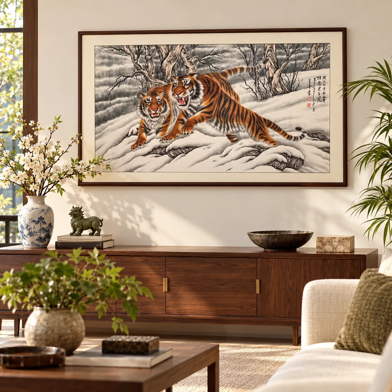Two Tigers on the Snow Ridge | Winter Ink Tiger Duo tiger painting view 7