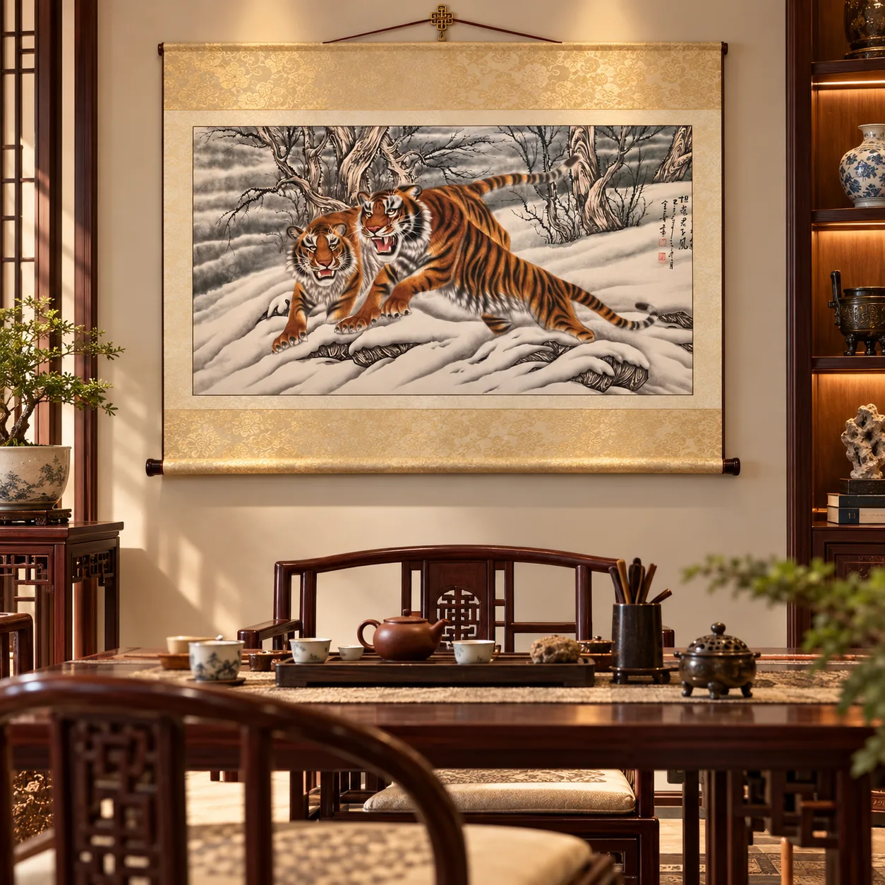 Two Tigers on the Snow Ridge | Winter Ink Tiger Duo tiger painting view 8