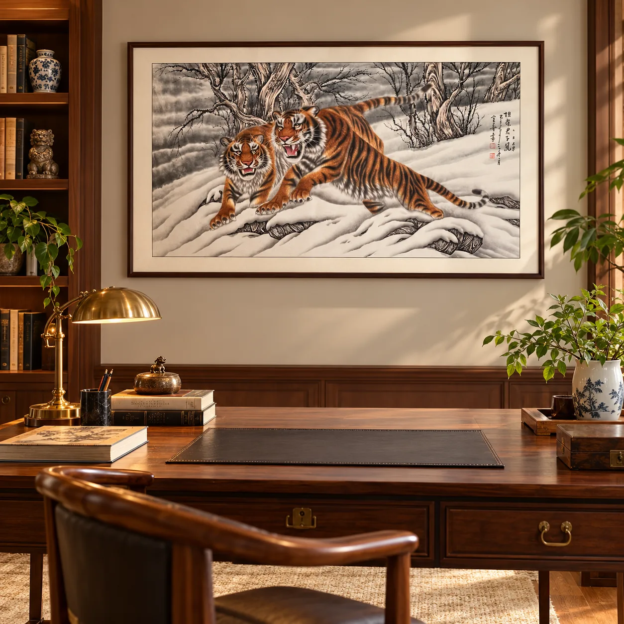 Two Tigers on the Snow Ridge | Winter Ink Tiger Duo tiger painting view 9