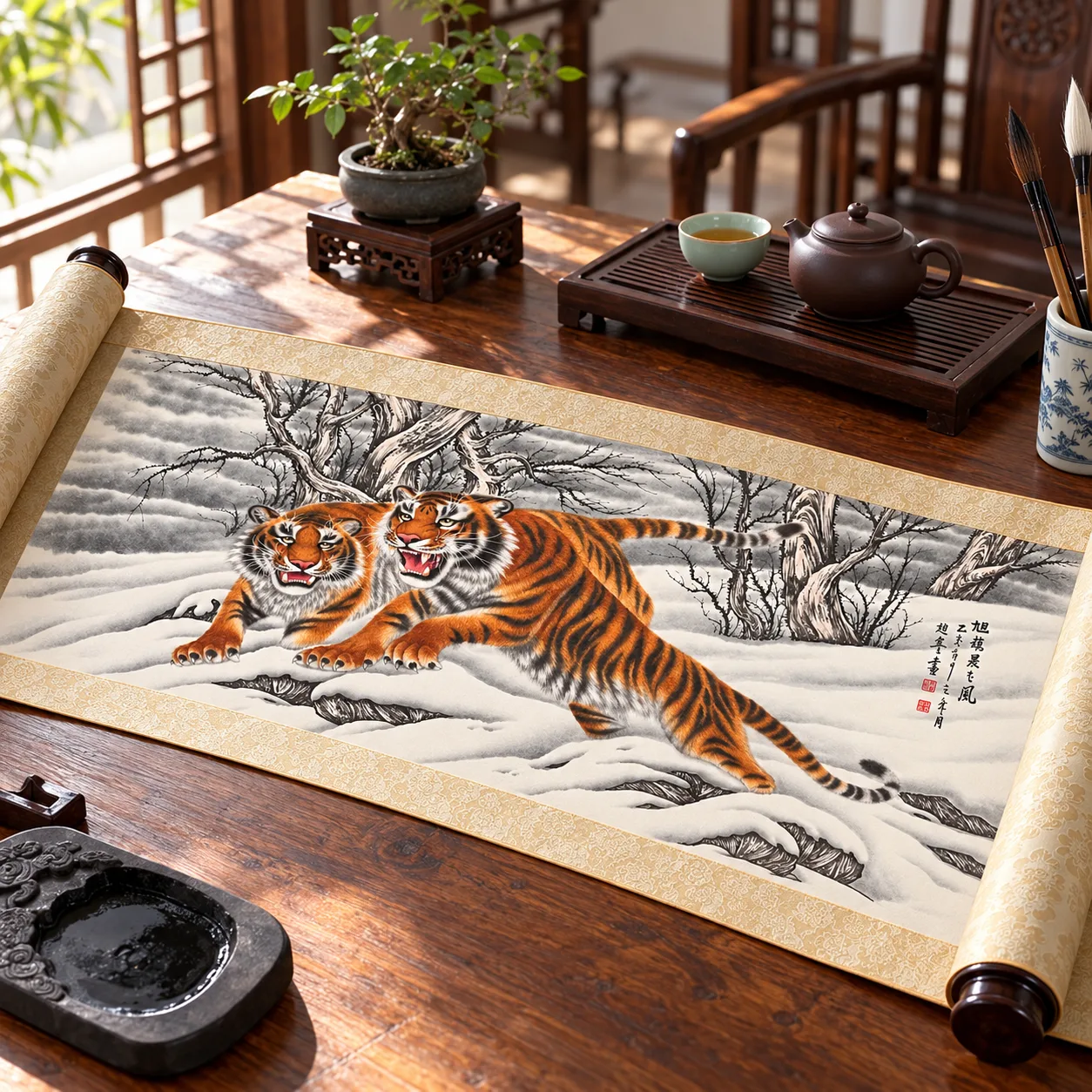 Two Tigers on the Snow Ridge | Winter Ink Tiger Duo tiger painting view 3
