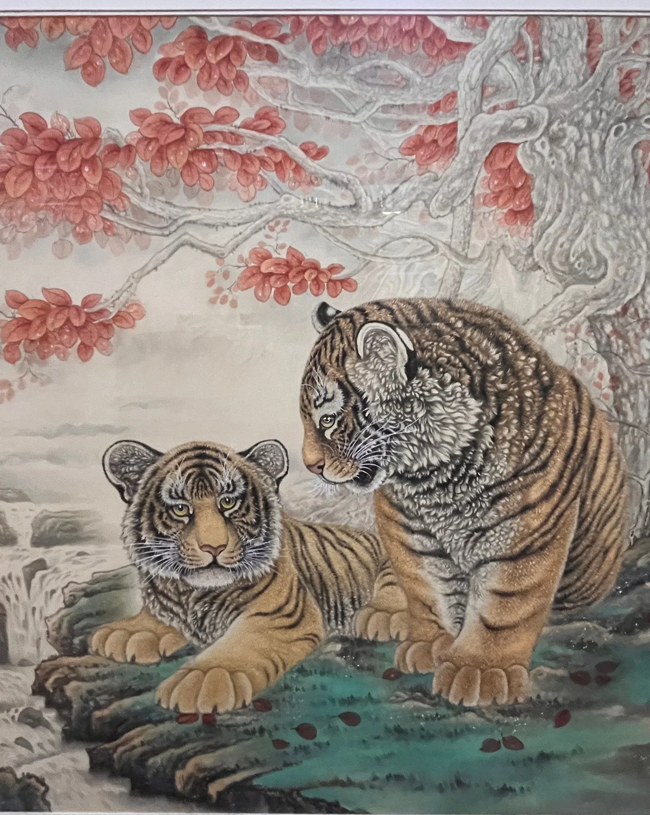 Two Tigers, One Glance | Autumn Leaf Tiger Painting