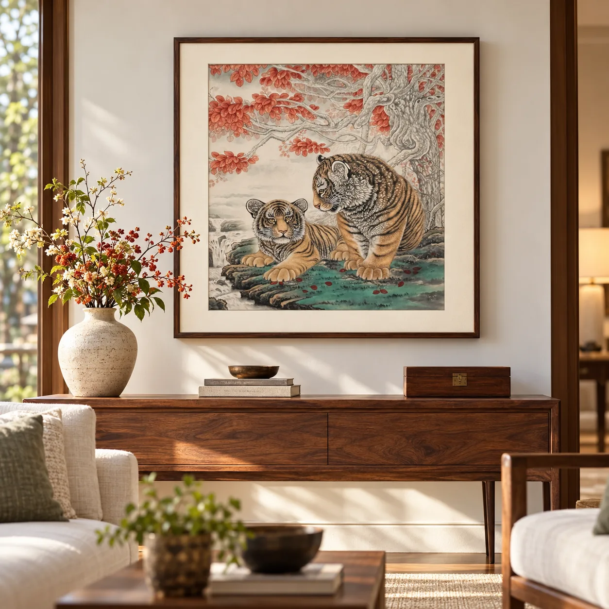 Two Tigers, One Glance | Autumn Leaf Tiger Painting tiger painting view 6